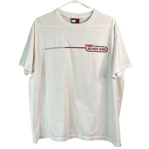 VINTAGE 90s Mens Tommy Hilfiger Jeans Graphic Logo T-Shirt White Crewneck Boxy L